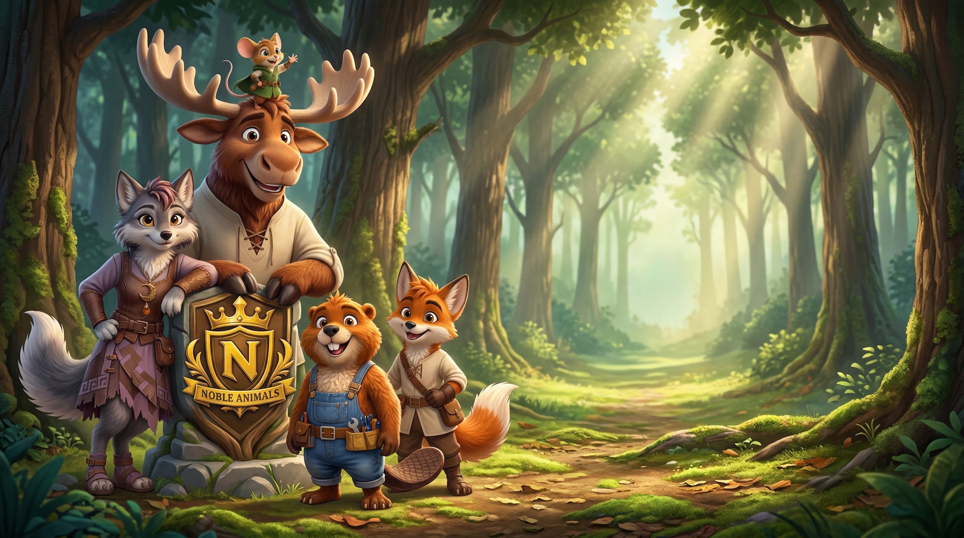 Animated characters in forest standing around Noble Animals shield logo.